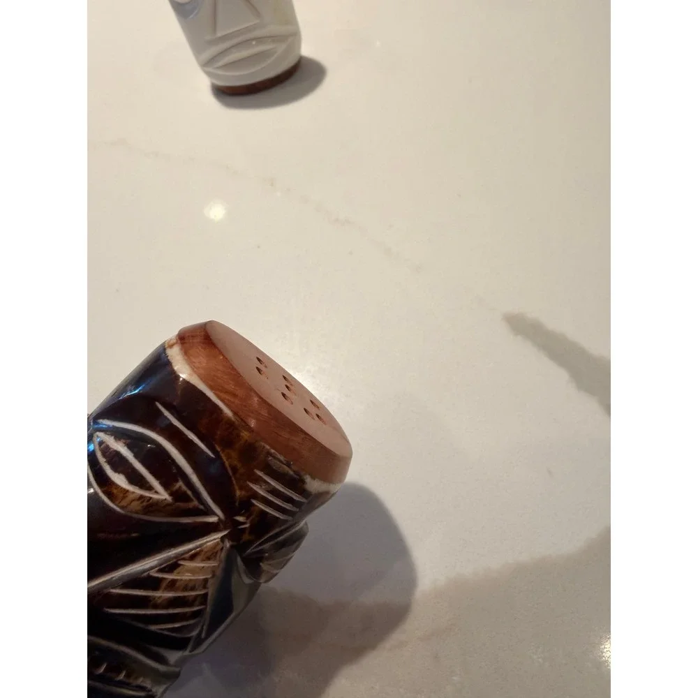 Tiki Face Salt and Pepper Shakers Brown White Hand Carved Wood Tropical Beach